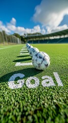 Dynamic Soccer Scene Bold Goal on Vibrant Green Field with Balls and Stadium Backdrop