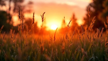 Fototapeta premium Radiant Sunset Over Golden Grasses: A Serene Field Bathed in Warm Light and Nature's Beauty