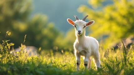 Obraz premium Adorable baby goat stands cutely in a lush meadow, highlighting the charm and playfulness of this cute baby goat amidst the beautiful landscape. Perfect for nature photography with copy space.