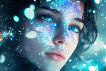 A frozen planet covered in snow and ice, surrounded by a cosmic nebula with auroras in a spiral galaxy pattern. A serene winter and outer space combination, ideal for futuristic or seasonal creative 