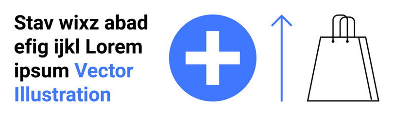 Obraz premium Blue cross symbol, upward arrow, shopping bag outline. Ideal for healthcare, online shopping, growth, commerce, e-commerce digital marketing consumer behavior. Landing page