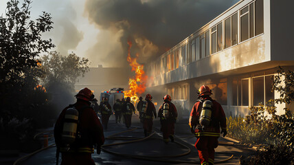Firefighters battling a large blaze near a building in smoky conditions.