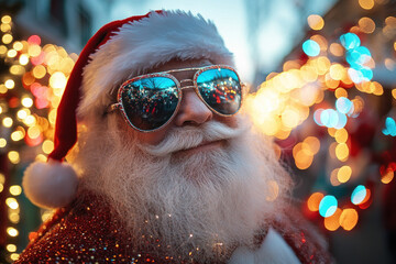 Santa Claus wearing sunglasses and a hat, posing with a big smile.