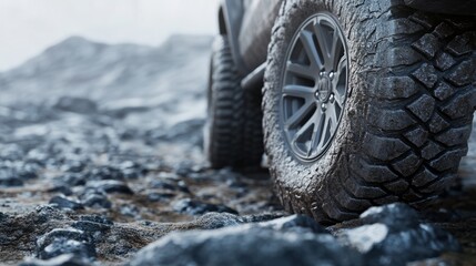 Naklejka premium A realistic depiction of an SUV tire with heavy-duty tread patterns, placed on a rocky, uneven surface