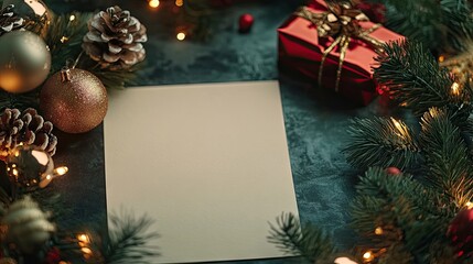 Closeup of a festive mockup featuring a blank paper sheet. This New Year composition includes Christmas decor, perfect for adding a personal touch with ample photo style copy space.