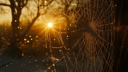 Dew-kissed spiderweb at sunrise through trees in winter wonderland.
