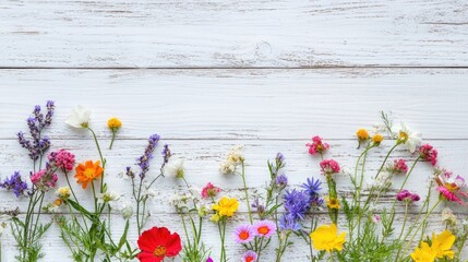 Spring flowers create a vibrant background, featuring a mix of colorful spring flowers set against a white wooden backdrop. Ideal for spring-themed designs with ample copy space.