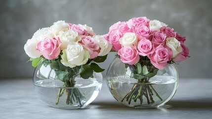 Elegant pink and white rose bouquets arranged in round glass vases, perfect for adding a touch of beauty. Ideal for floral arrangements, with ample copy space for design.