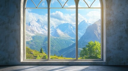 A Christian church window highlights a majestic mountain landscape, offering a serene view that captures the essence of nature with ample space for text or design elements.