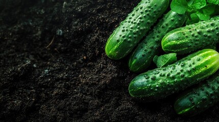 Close-up image of mini cucumbers nestled in rich soil, highlighting the texture and details of mini cucumbers, perfect for agricultural or gardening themes with ample copy space.