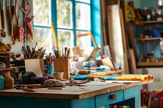 Celebrate National Craft Month with artisans immersed in various creative activities, from knitting to woodworking, in a vibrant workspace brimming with tools and completed projects.