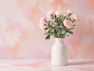 Obraz premium Chic white metal vase with pink carnations on a pastel-colored backdrop, stylish, chic, flowers, carnations, metal