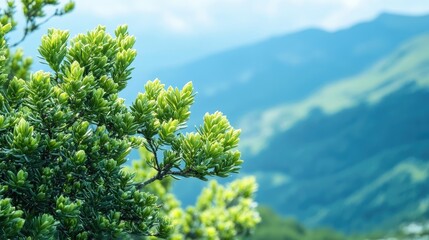 Fototapeta premium Podocarpus nivalis is a pale-green coniferous shrub and evergreen plant characterized by its minty-scaled tree and juicy, capsular flowers, ideal for alpine tops with ample copy space.