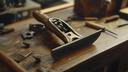 Antique Woodworking Plane Rests On Wooden Bench