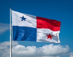 Panama flag waving in the wind against a blue sky background 