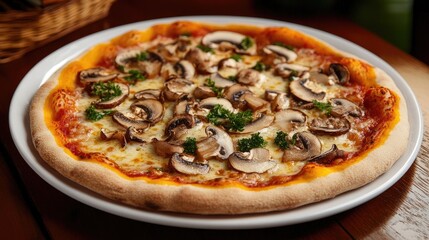 Delicious pizza margherita topped with fresh mushrooms, beautifully plated to highlight the textures and colors of the pizza. Ideal for food photography with copy space included.