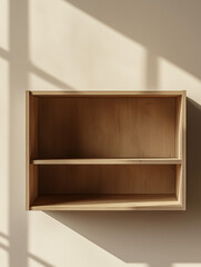 Fototapeta premium Minimalist Wooden Shelf Against Neutral Wall
