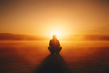 A silhouette of a person praying in a vast desert under a stunning sunset, evoking faith and solitude. Perfect for spiritual or motivational projects