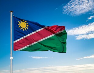 Namibian flag waving in the wind against a sky background