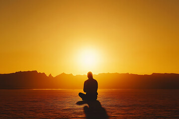 A silhouette of a person praying in a vast desert under a stunning sunset, evoking faith and solitude. Perfect for spiritual or motivational projects