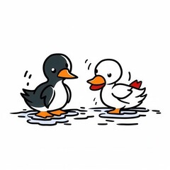 Obraz premium Two cartoon ducks, one black and white and the other white with a splash of red, happily quacking together.