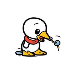 Obraz premium A cute cartoon duckling wearing a red scarf, playfully chewing on a blue string.