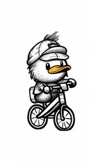 A cute cartoon duck character riding a bicycle, wearing a cap, evoking a playful and adventurous mood.