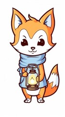 A cute cartoon fox holding a lantern, wearing a blue scarf with a friendly expression.
