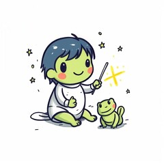 A cute cartoon baby with green skin and black hair, magically enchanting a frog with a wand in a whimsical setting.