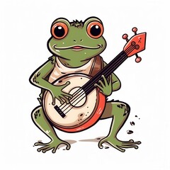 Obraz premium A cheerful cartoon frog playing a banjo, showcasing its vibrant features and playful spirit.