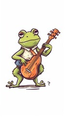 A playful cartoon frog playing a guitar, wearing a vest and shorts, exuding a cheerful vibe.