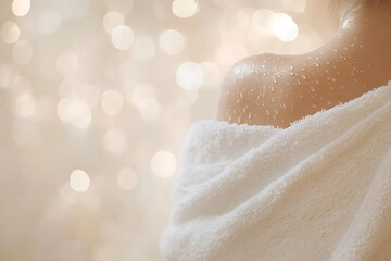 Obraz premium Minimalist photo of a woman's back with glowing, hydrated skin, wrapped in a towel. A spa-like atmosphere emphasizing cleanliness and luxury