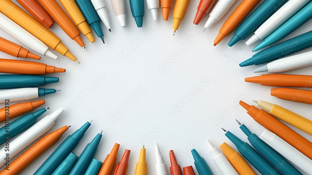 Poster a vibrant arrangement of colorful pens encircles a blank space, inviting creativity and expression