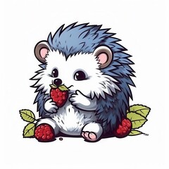 Cute cartoon hedgehog happily munching on raspberries with vibrant colors.