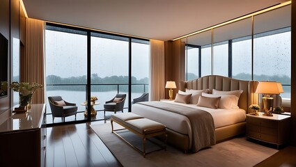 Fototapeta premium This stunning 8K image captures the serene ambiance of a modern luxury bedroom, complete with large glass windows that provide a calming view of rain gently falling outside.