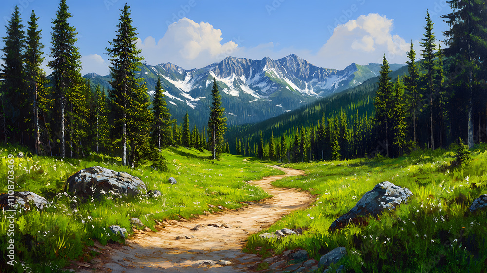 Poster a serene mountain landscape featuring a winding path through lush greenery, surrounded by towering t