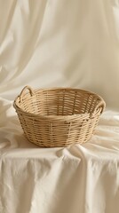 Close up of rustic wicker basket on wrinkled white linen tablecloth, linen, wicker, rustic, close up