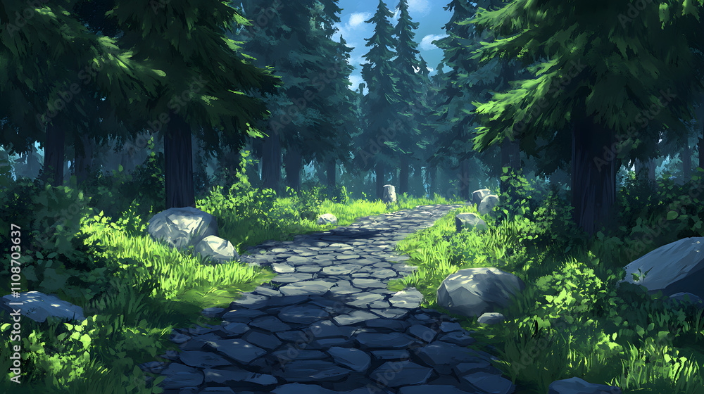 Poster a serene forest pathway surrounded by lush greenery and tall trees, inviting exploration and tranqui