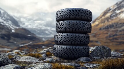 A stack of off-road tires placed against a backdrop of a rugged mountain terrain, emphasizing durability
