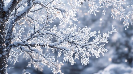 Obraz premium Delicate branches of a tree covered in sparkling ice crystals, intricate, frosty, shine, branch, crystal