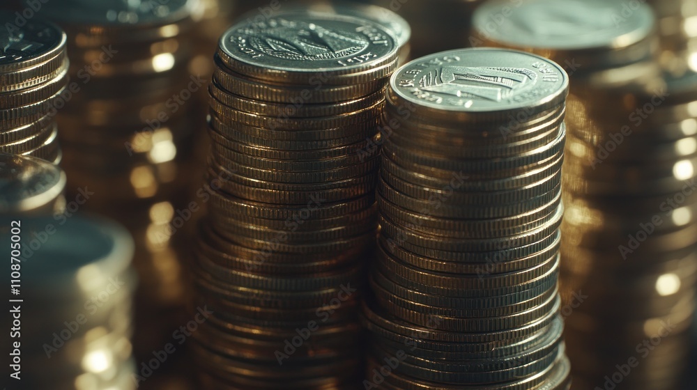 Poster stacks of shiny golden coins represent wealth and finance