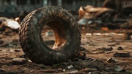 Fototapeta premium An image of a damaged car tire with a visible puncture