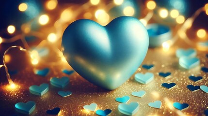 Fototapeta premium Blue heart, on gold bokeh with cool feel background, Heart, love, gold, romance, abstract, illustration, decoration 