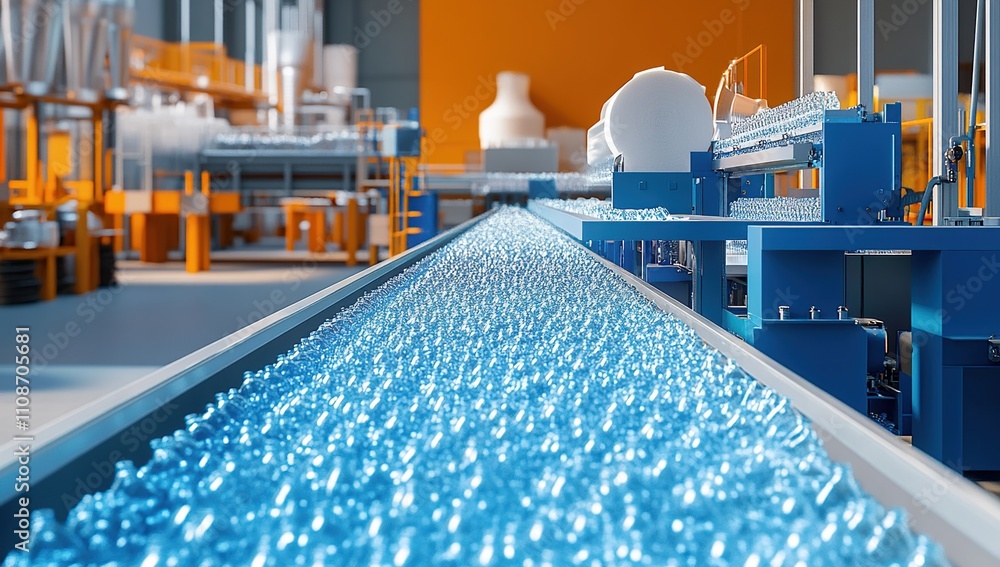Poster automated plastic bottle production line in modern factory setting high-tech manufacturing process