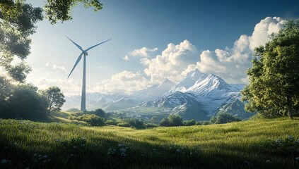Serene Mountain Landscape with Wind Turbine: A Vision of Sustainable Energy and Natural Beauty