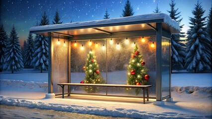 Cozy Bus Stop with Holiday Decor in Winter Scene