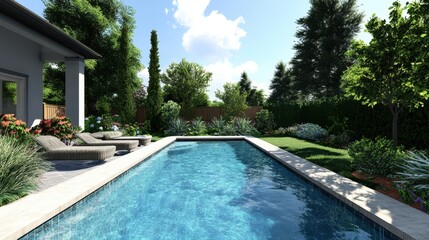 Luxury backyard pool and patio area with lush landscaping. Ideal for real estate, home design, and lifestyle websites.