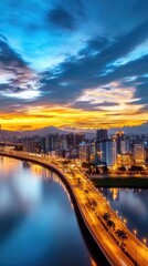 Fototapeta premium Stunning Urban Skyline at Dusk with Vibrant Sunset and Reflections on a Serene River