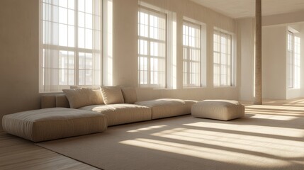 Obraz premium A minimalist living space with neutral tones, large windows, and a modern sectional couch in a 3D rendering