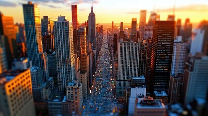 Aerial View of Bustling New York City Street at Sunset with Skyscrapers and Vibrant Urban Landscape